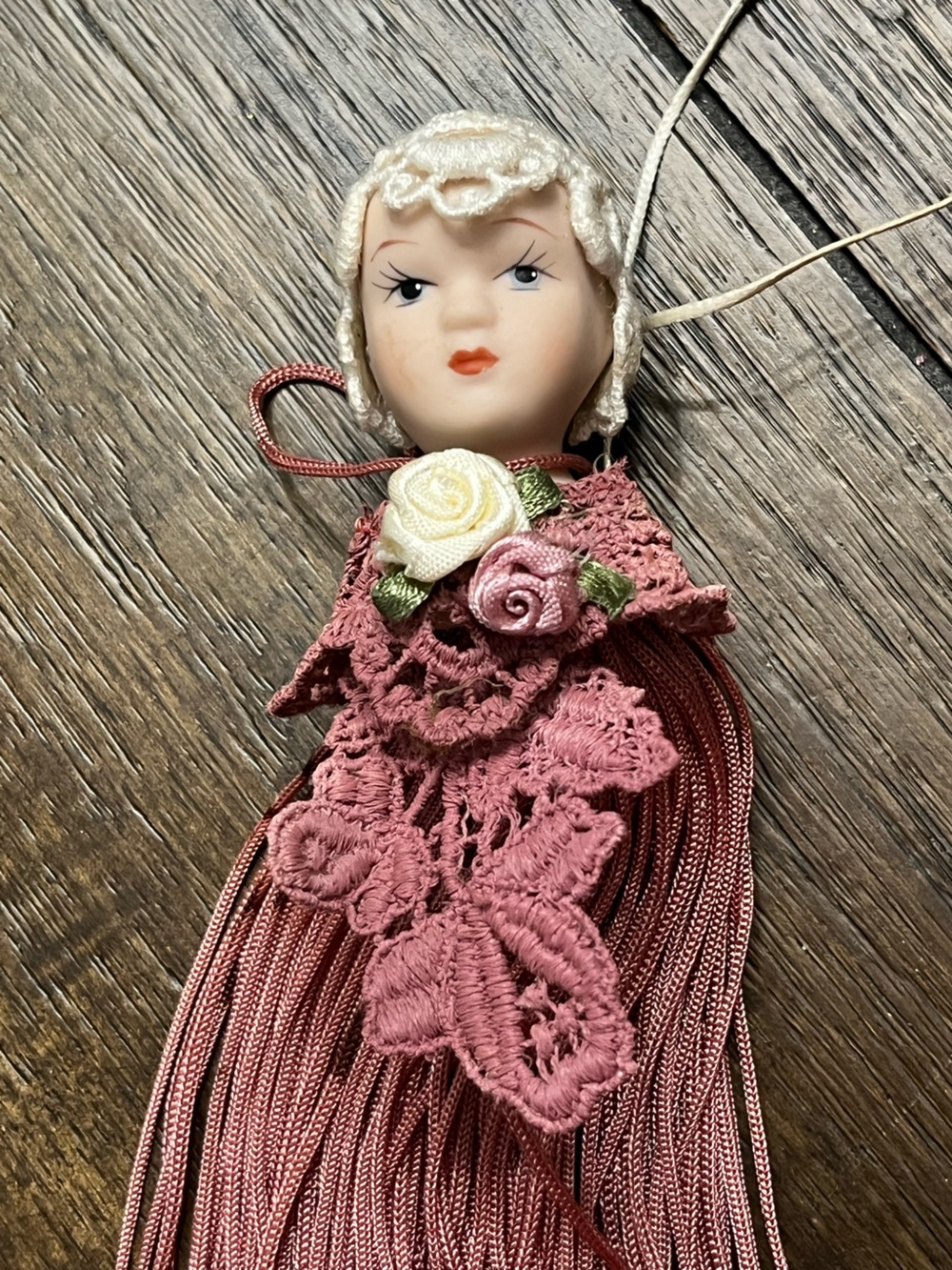 Handcrafted Victorian- style Tassel Doll Ornament Rose Colored Tassels